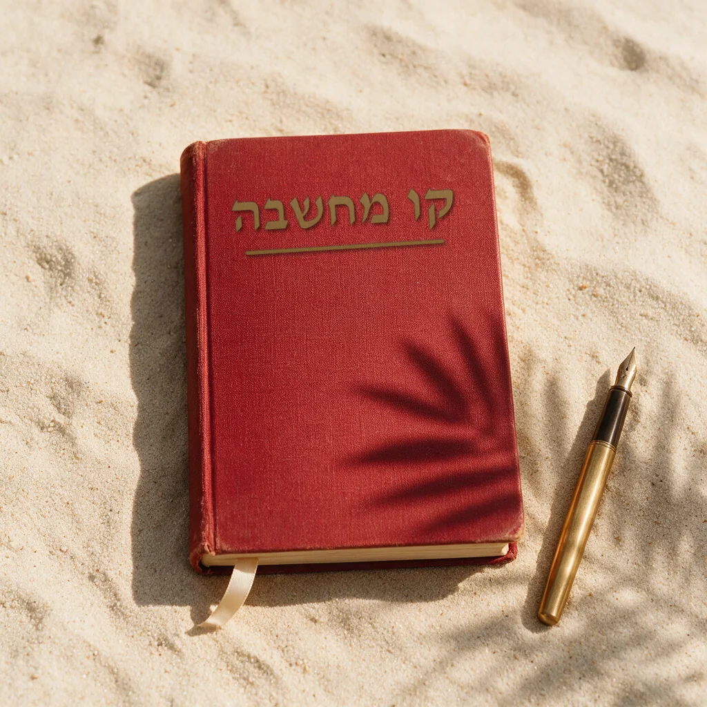 יומן קו מחשבה בכריכת בד אדומה עם הטבעת זהב, ועט נובע מונח לצידו על החול